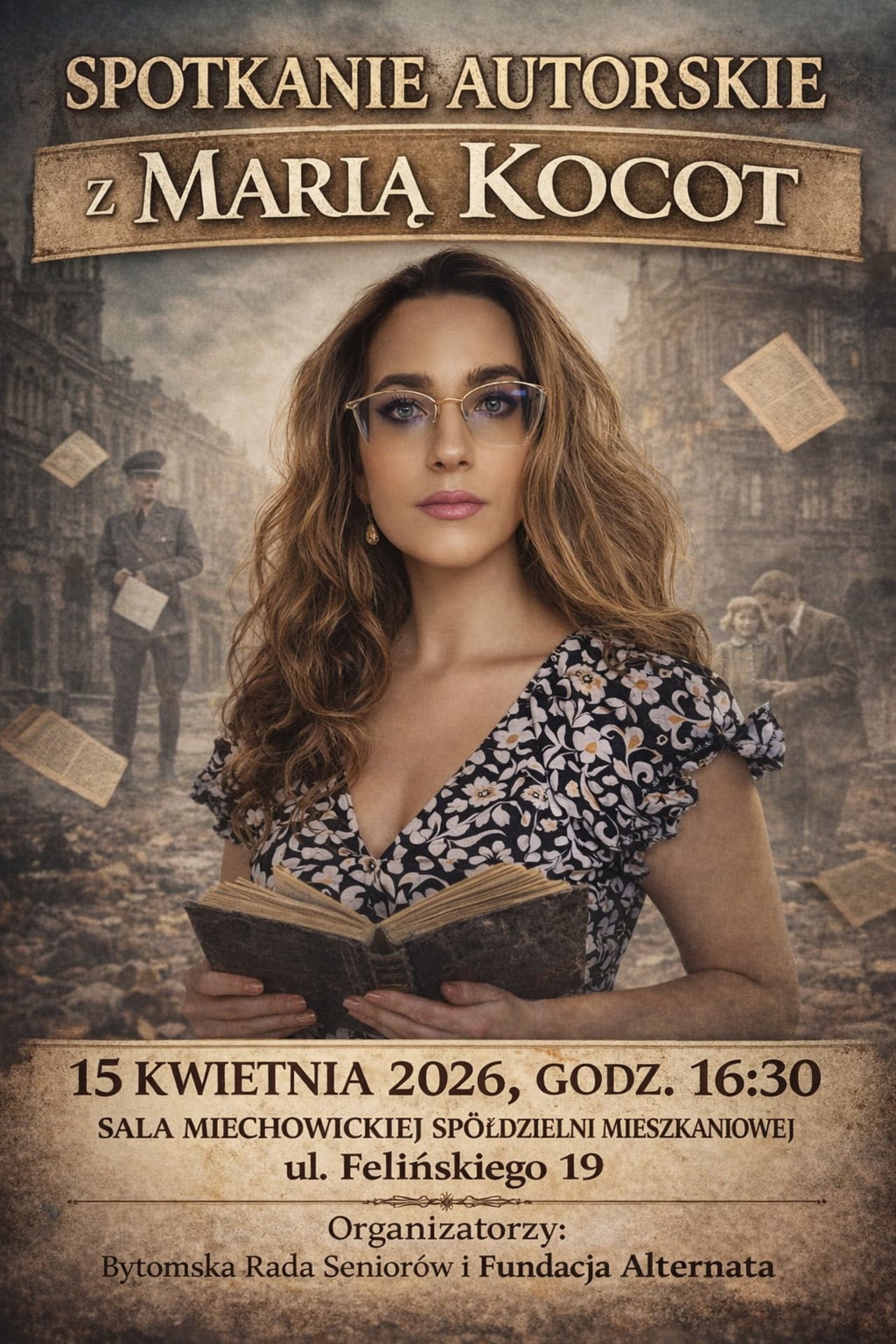 Plakat, zaproszenia na spotkanie z Marią Kocot, bytomska pisarką