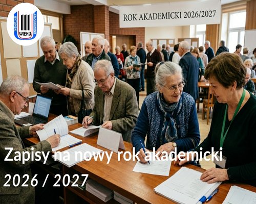 Starsze osoby wypełniające druk przy blacie, w tle rozmawiające starsze osoby