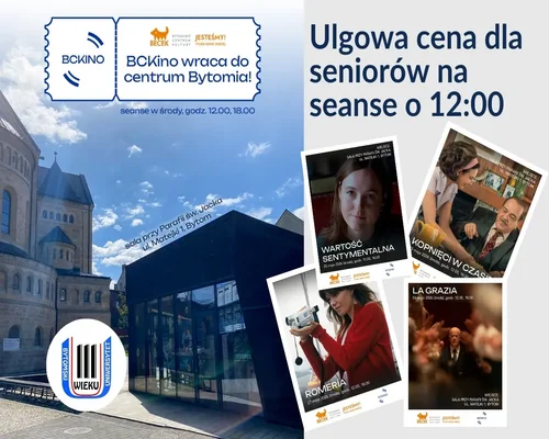 Plakat informujący o powrocie BCKina do centrum Bytomia (sala przy Parafii św. Jacka). Seanse w środy o 12:00 (bilety ulgowe dla seniorów) i 18:00. Na grafice zapowiedzi 4 filmów na maj 2026 oraz logotypy BECEK i Bytomskiego Uniwersytetu Trzeciego Wieku.