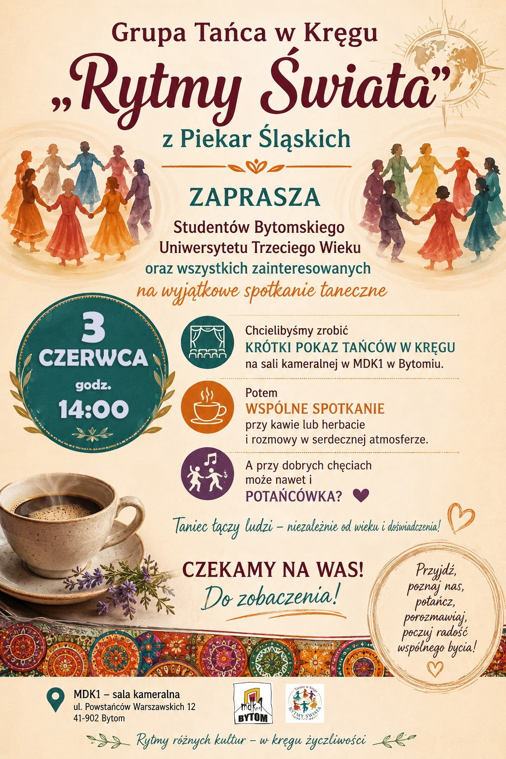 Plakat zaproszenia na spotkanie taneczne Grupy Tańca w Kręgu Rytmy Świata z Piekar Śląskich, 3 czerwca 2026, godz. 14:00, MDK1 sala kameralna Bytom