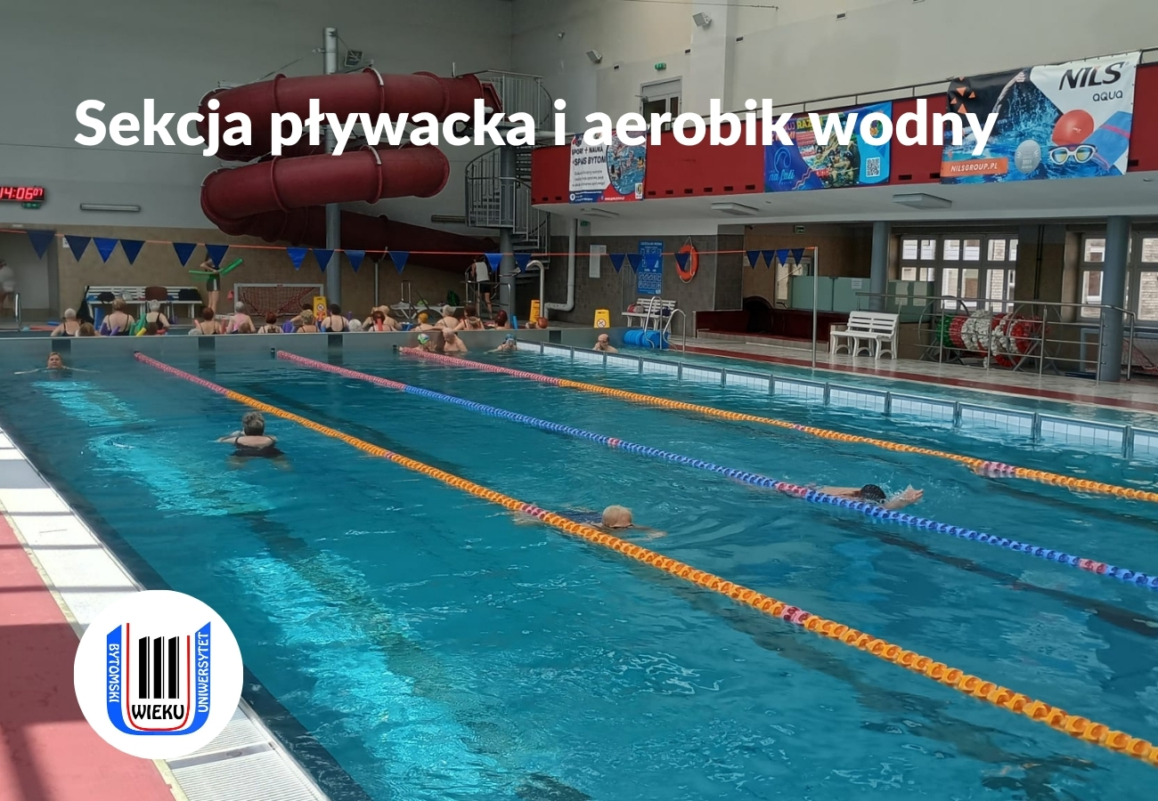 Słuchacze UTW Bytom pływają w torach na basenie Bytom podczas zajęć sekcji pływackiej